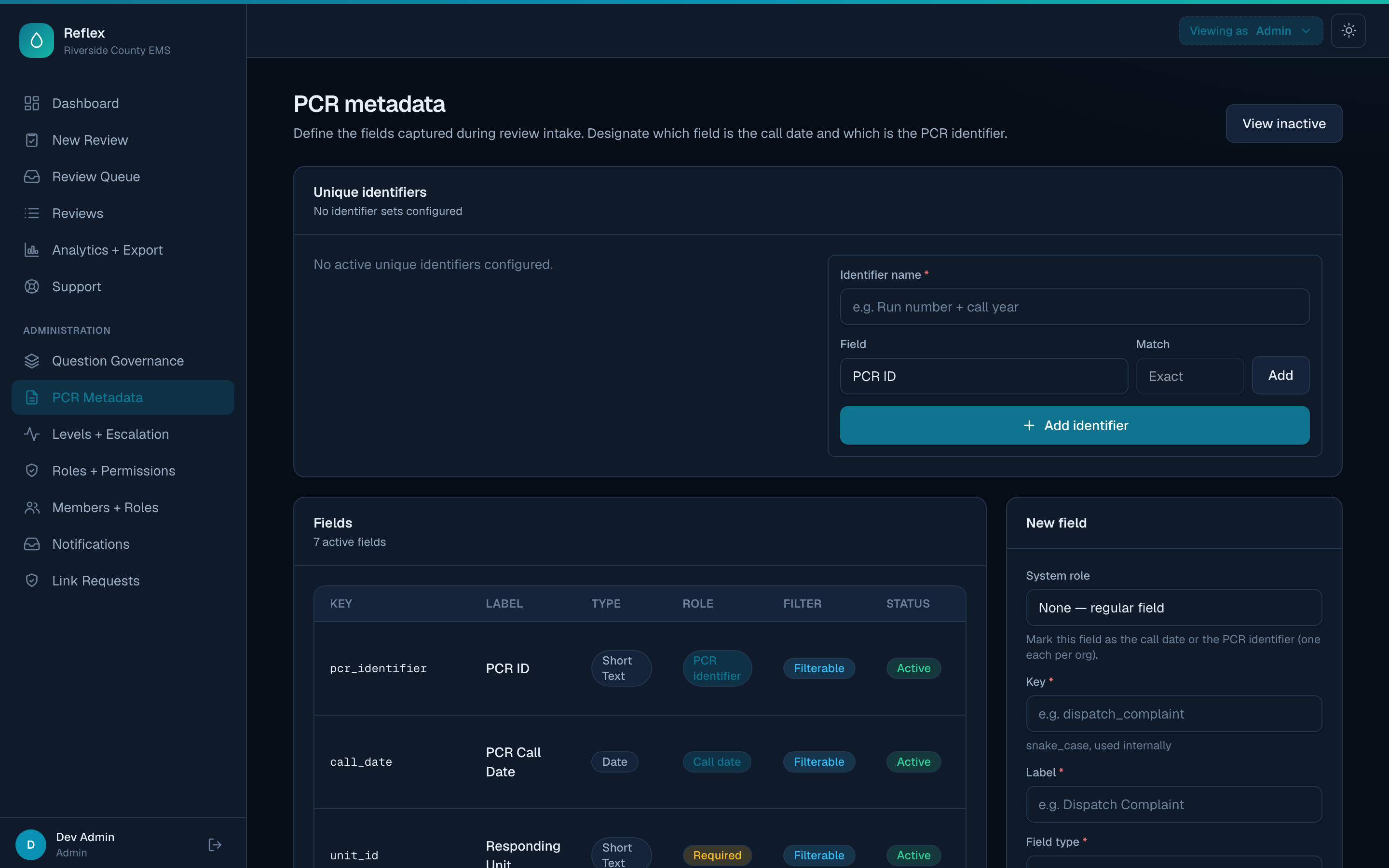 PCR metadata configuration with field types, filter flags, and active status
