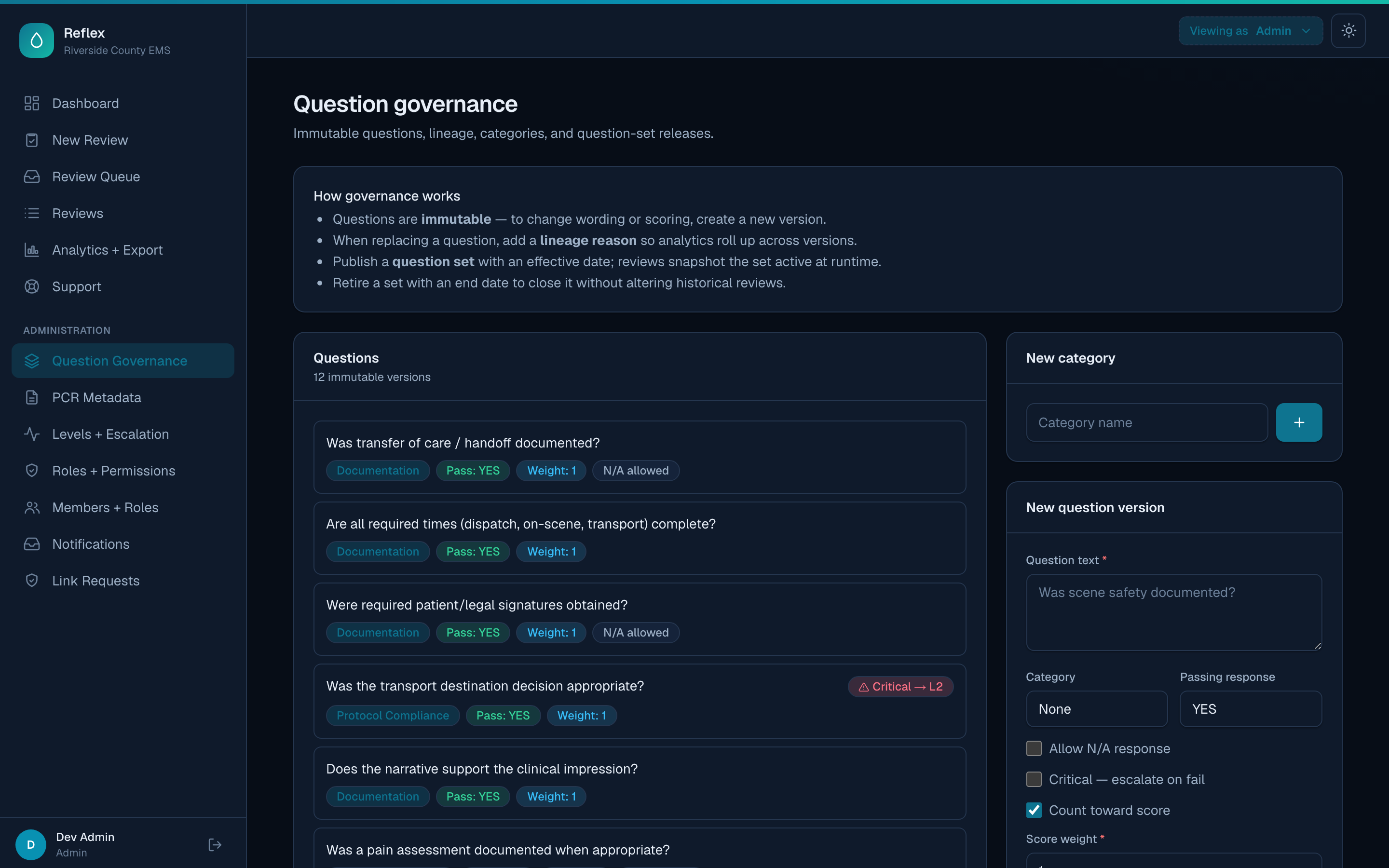 Question governance screen showing immutable, versioned questions