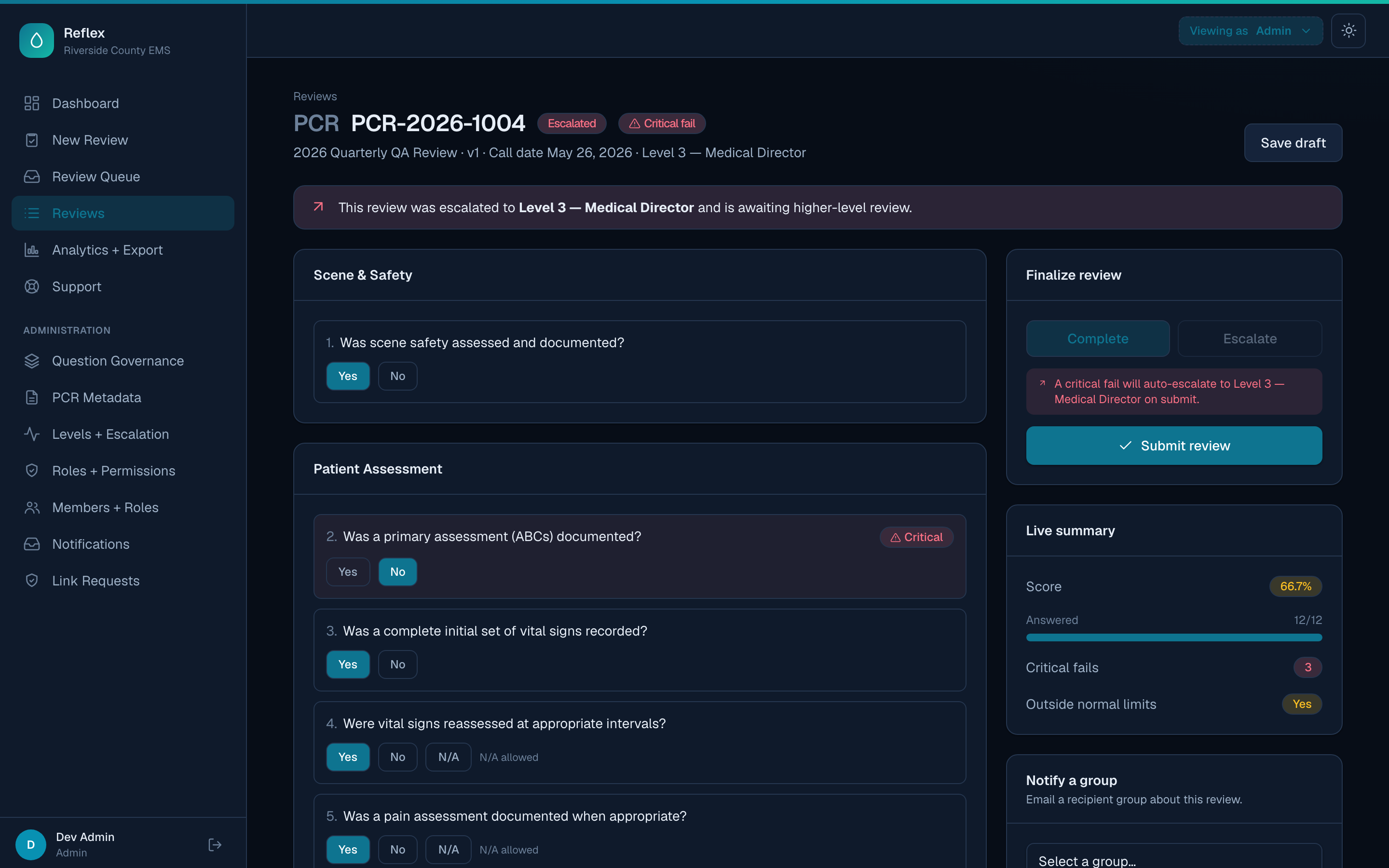 Review workspace scoring a chart with a live summary and escalation controls