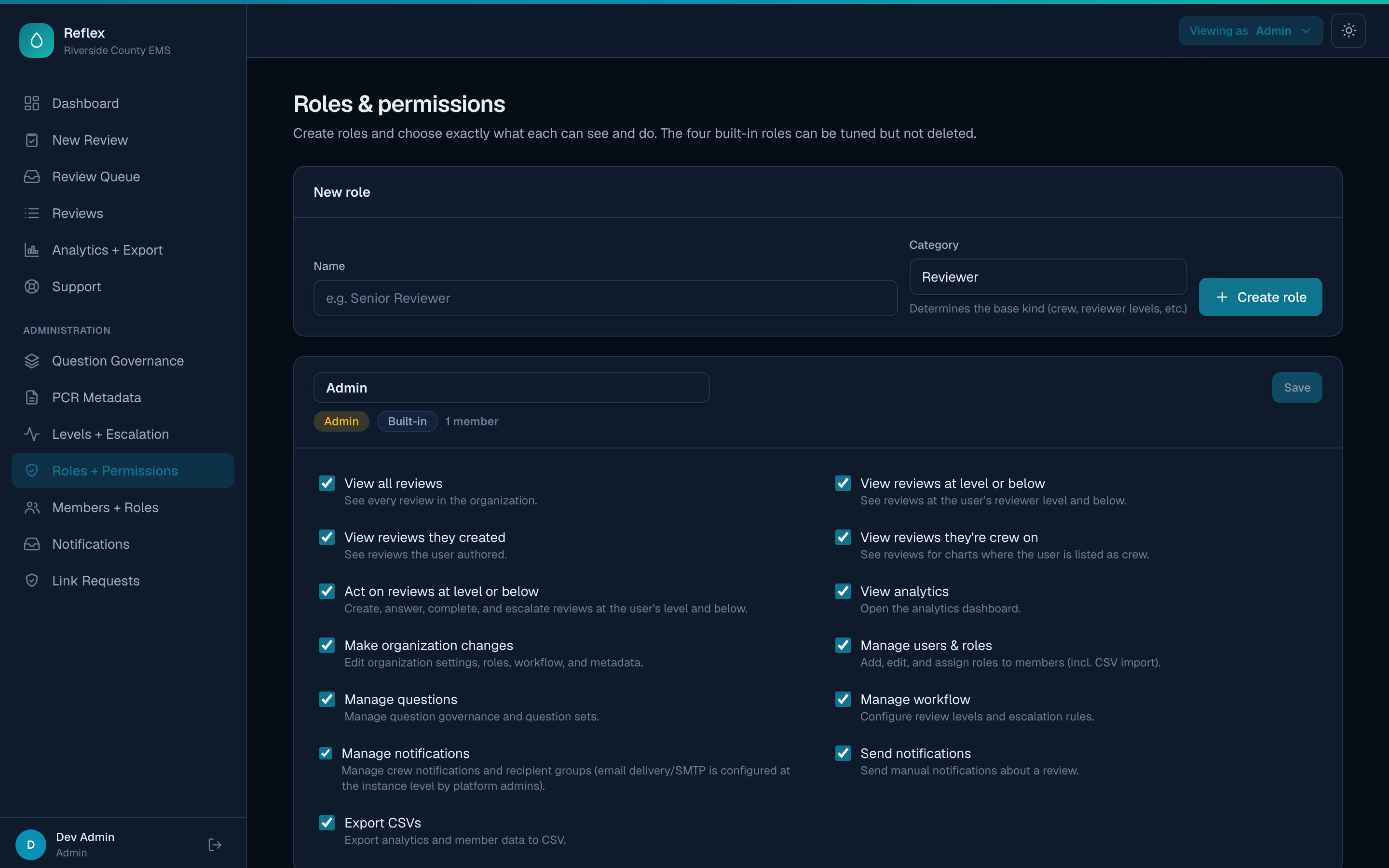Roles and permissions screen with granular permission checkboxes