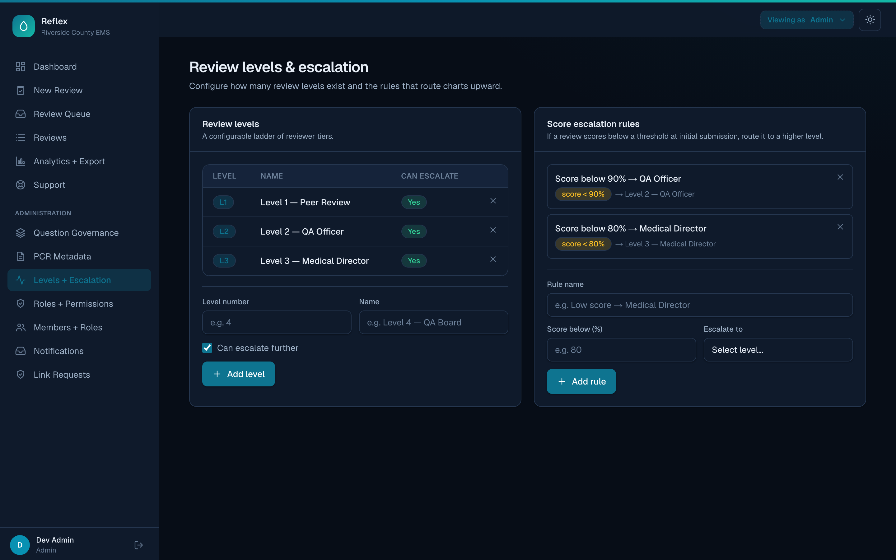 Levels and escalation configuration screen